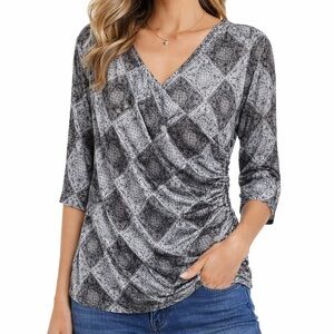 Style & Co Faux Wrap Top Women’s Size XL Ruched Multi Print Stretch